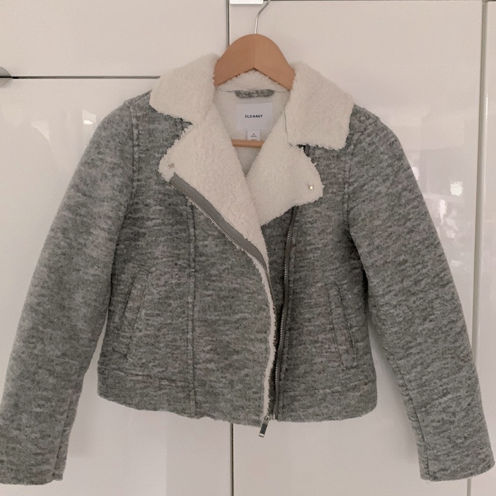 Sheerling lined crop grey Moto jacket side pockets,zip sleeve cuff XS petite